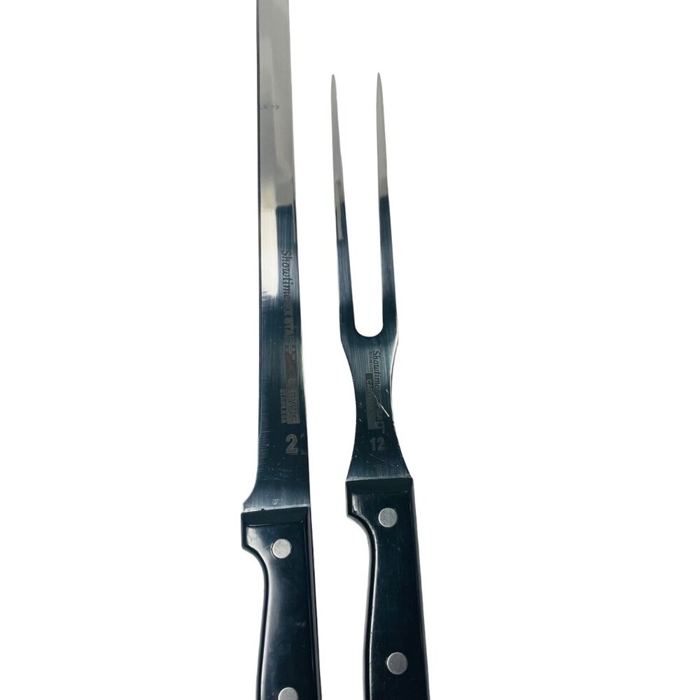 Showtime Six Star+ Carving Knife & Fork Set Stainless Steel Black Handles #2 &12
